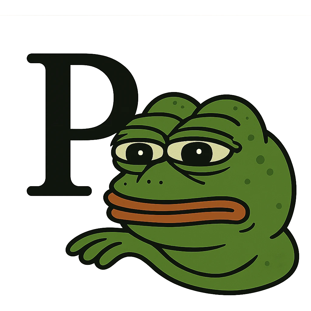 Probability symbol in the style of a green bufo frog meme emoji