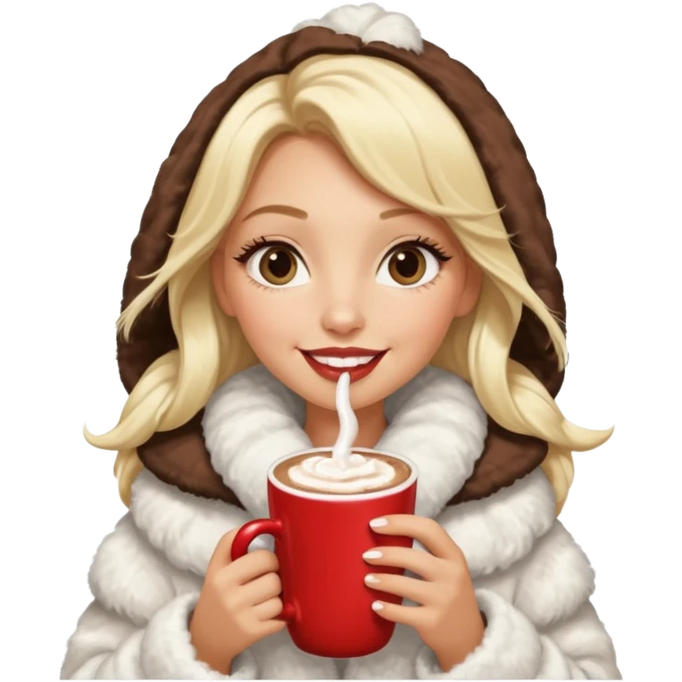 Tanned Girl with lashes , blonde hair, in an extremely big fluffy oversized coat and hold hot chocolate drink and half moon eyes , big lip emoji