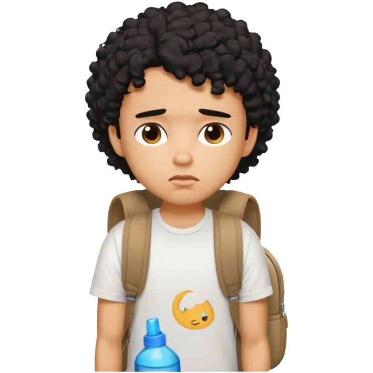 a pretty bratz guy with black curly hair wearing a white tshirt and brown backpack looking tired emoji