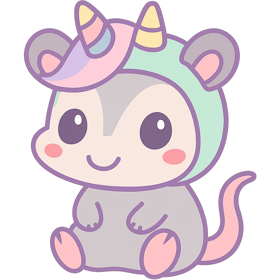 cute cartoon possum dressed up like a unicorn, kawaii style emoji
