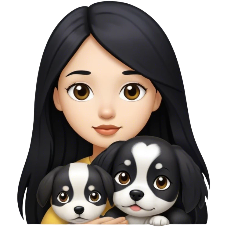 Menina com cabelo longo e preto com uma cadelinha preta e branca  emoji