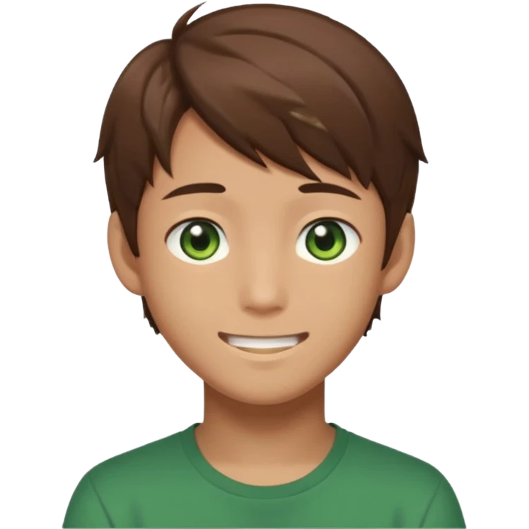Discord emoji. the face of an Anime asian style teen boy with brown hair, green eyes, looking smiling slightly sideways positioned. Face must be main filling of the frame.  128px emoji
