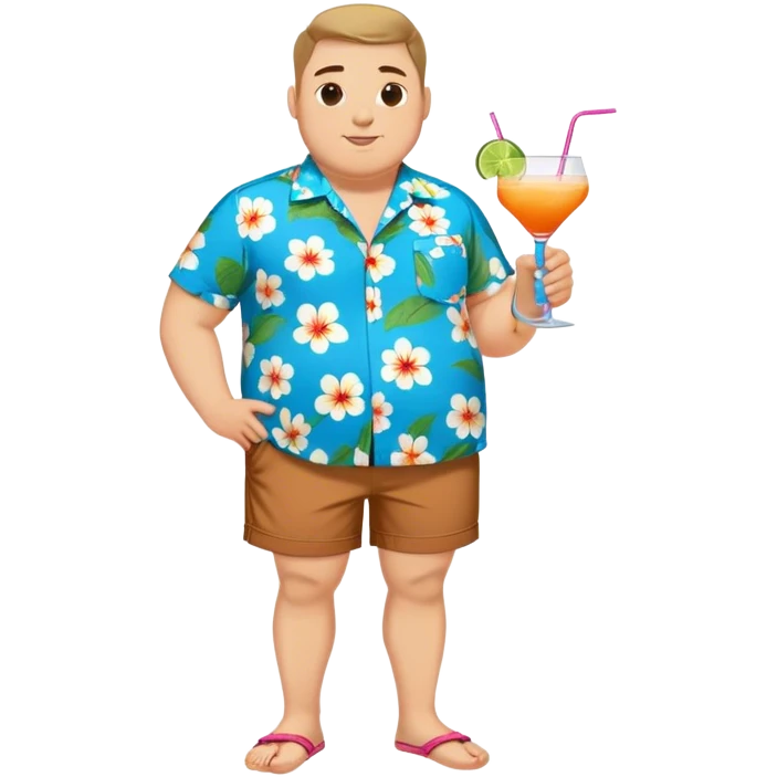 chubby guy full figure in a flowered azure havai shirt, brown shorts and flippers holding a cocktail emoji