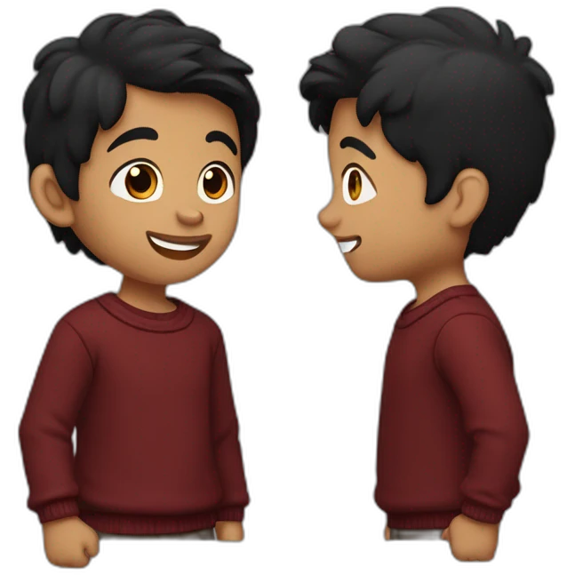 light skin smiling indian kid with black hair wearing a dark red sweater pointing emoji