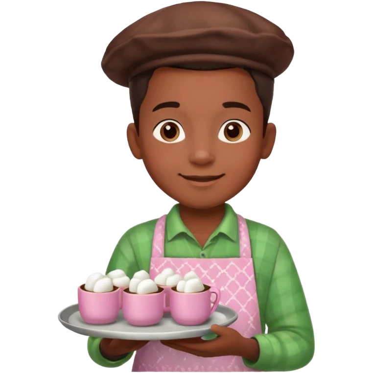 A young black vendor boy with pink cheeks, holding a tray of marshmallow-topped cocoa wearign green patterned apron emoji