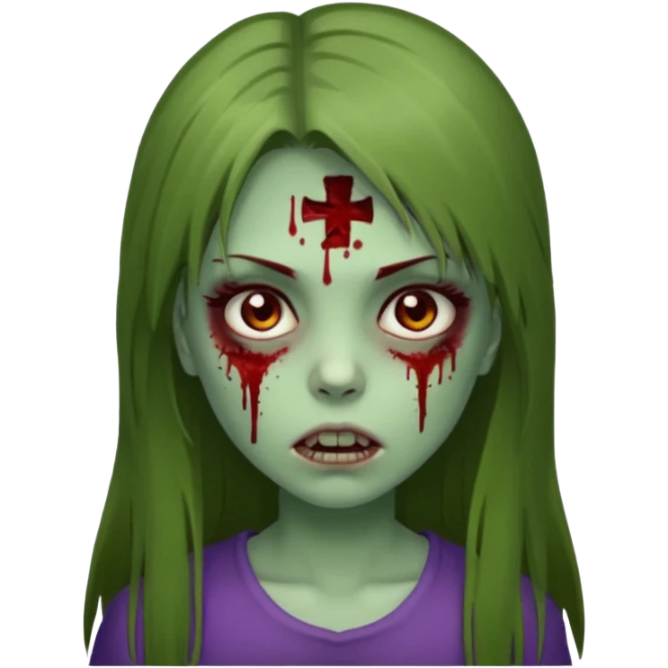 girl zombie with green pale skin with long dark brown straight hair with side bangs light brown eyes blood under eyes and brui emoji