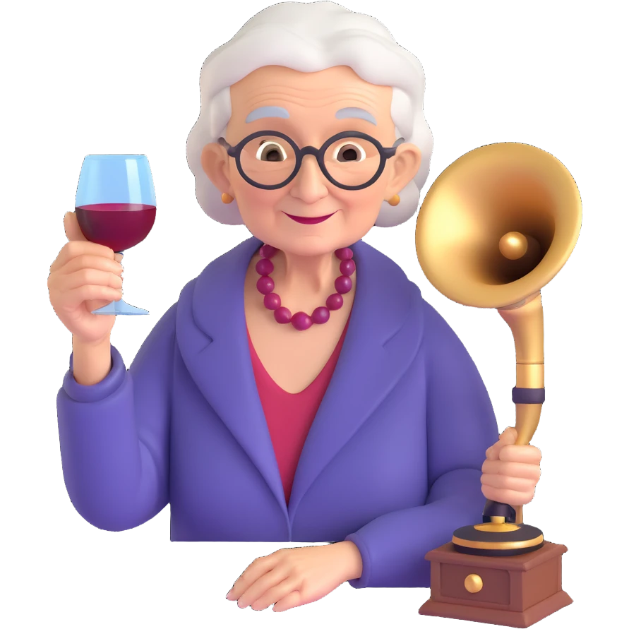 old lady with wineglass listening to gramophone emoji