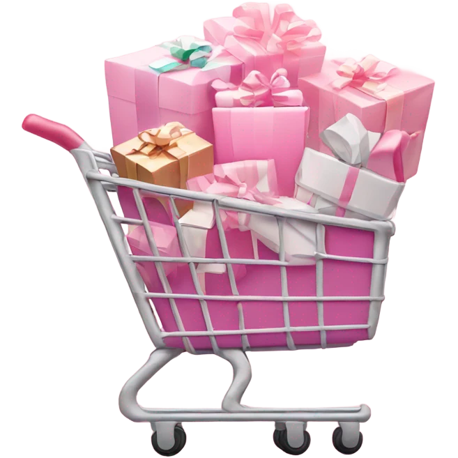 shopping cart wrapped in Christmas lights  full of light pink gift bags emoji