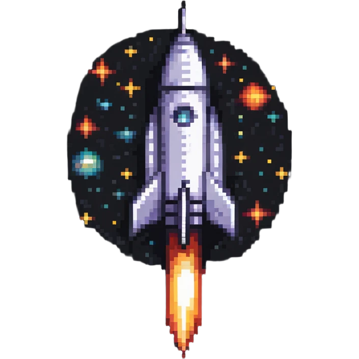 A retro pixel art style space rocket with bright colors and stars around it emoji