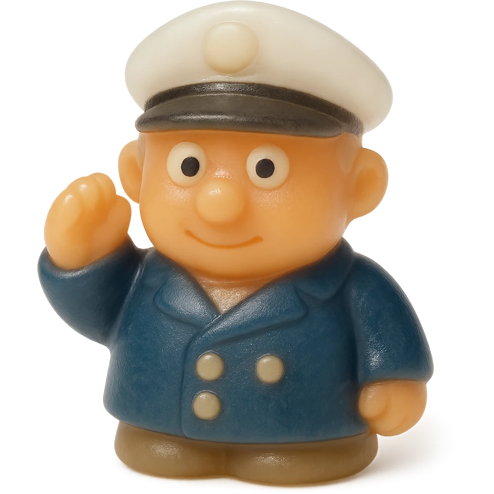 Make the boat captain much more transparent and match the exact retro 90's toy style of the previous ocean animal emojis. Use natural colors (tan skin, white captain's hat, navy jacket), derpy eyes, no tag, no background. Soft plastic, soft reflections, soft and squishy, some cloudiness, not shiny, highly detailed, appealing. The style should resemble retro 90's soft plastic toy style with soft reflections and cloudiness, not shiny. emoji