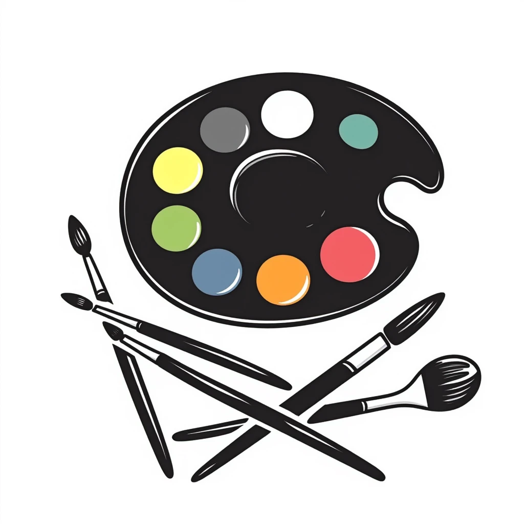 Detailed artist's palette with colorful paint blobs, palette holes, and paintbrushes nearby. Detailed and intricate doodle style. emoji