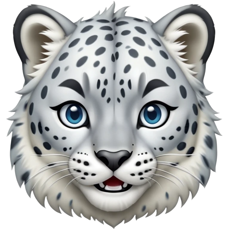 Cinematic-Comical-Snow-Leopard-Portrait-Emoji – Head tilted dramatically with an exaggeratedly amused expression, featuring a thick, spotted white-and-grey coat with a dense ruff around the neck, wide, piercing icy blue eyes filled with playful disbelief zoomed out showing the shoulders emoji