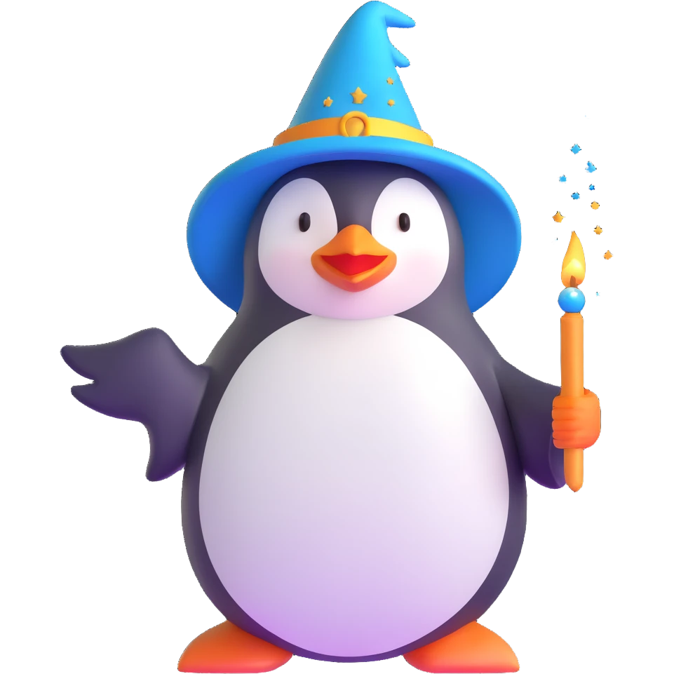 penguin wizard casting a spell with sparkles around emoji