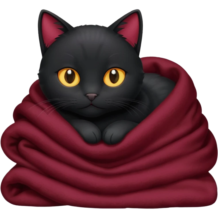 Black cat cuddling with marroon blanket emoji