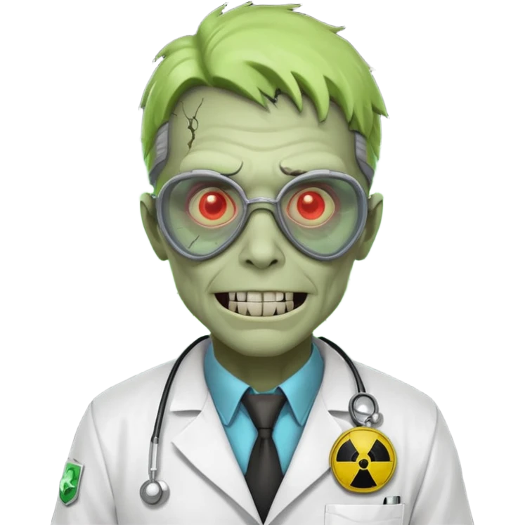 radioactive zombie scientist portrait, head and shoulders only, glowing toxic veins, cracked goggles, lab coat with radiation badge, sinister smile, 3D cartoon, mobile game icon style, clean background, no text, no watermark
 emoji