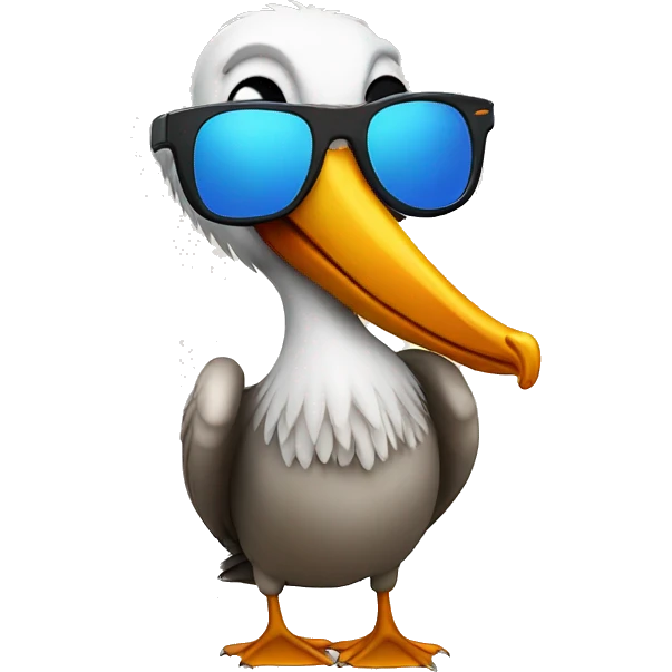 Pelican with sunglasses holding up a peace sign emoji
