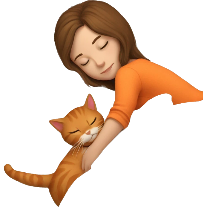 White girl brown hair sleeping on bed with orange kitty emoji