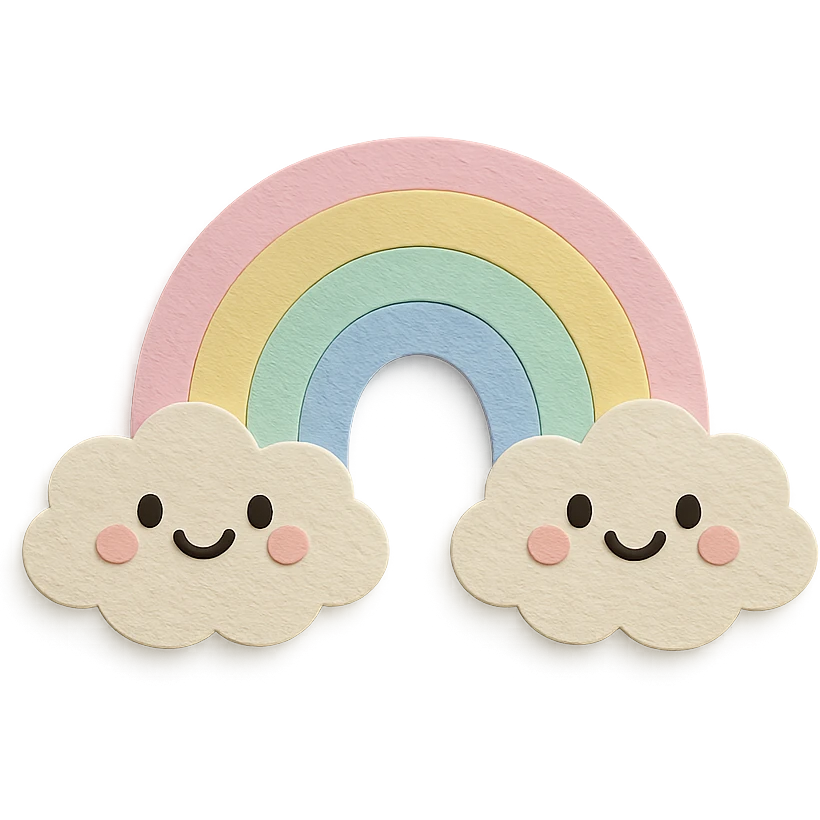 kawaii pastel rainbow stretching between two smiling clouds, soft pastel colors, no limbs, full body, paper craft style emoji