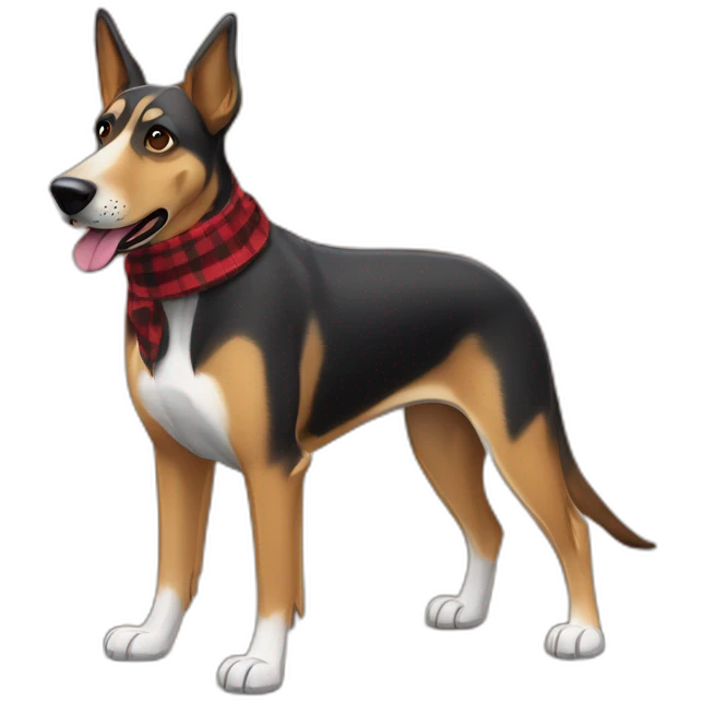 adult 75% Coonhound 25% German Shepherd mix dog with visible tail wearing small pointed red buffalo plaid bandana full body walking left quickly emoji