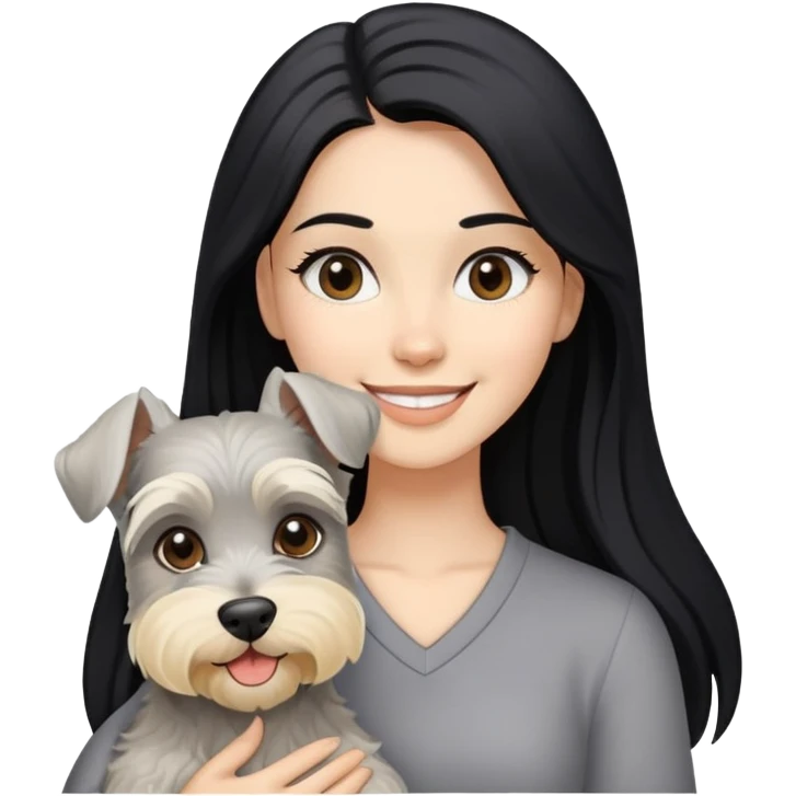 A smilling woman with long black hair holding a blonde Schnauzer emoji