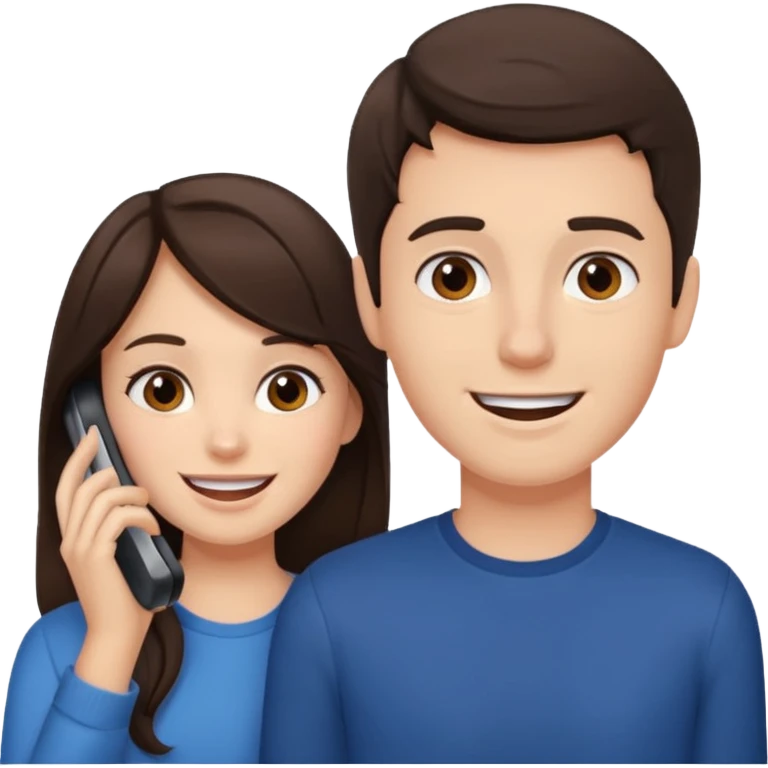 generate 2 teenagers. (one boy, one girl) brunette. calling while smiling awkwardly emoji