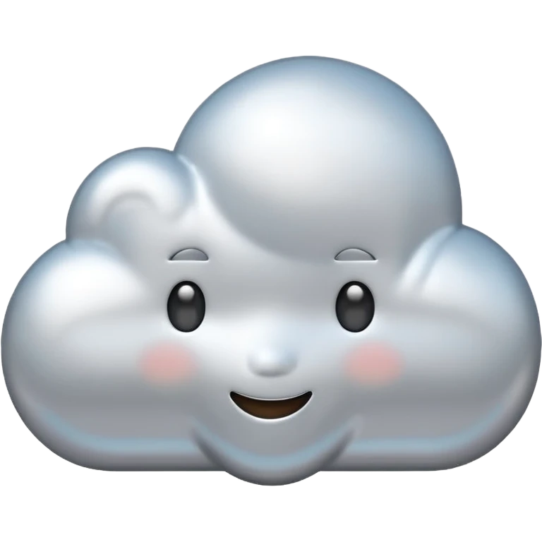 A cute cloud emoji made of silver chrome, smooth rounded shape, glossy metallic surface, soft reflections, minimal and friendly design, iOS emoji style, centered, clean white background, soft lighting emoji