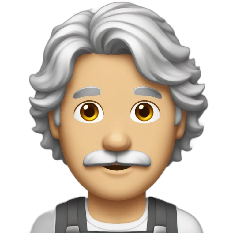 Mature man, gray shaggy hair, brown eyes, mustache, apron emoji