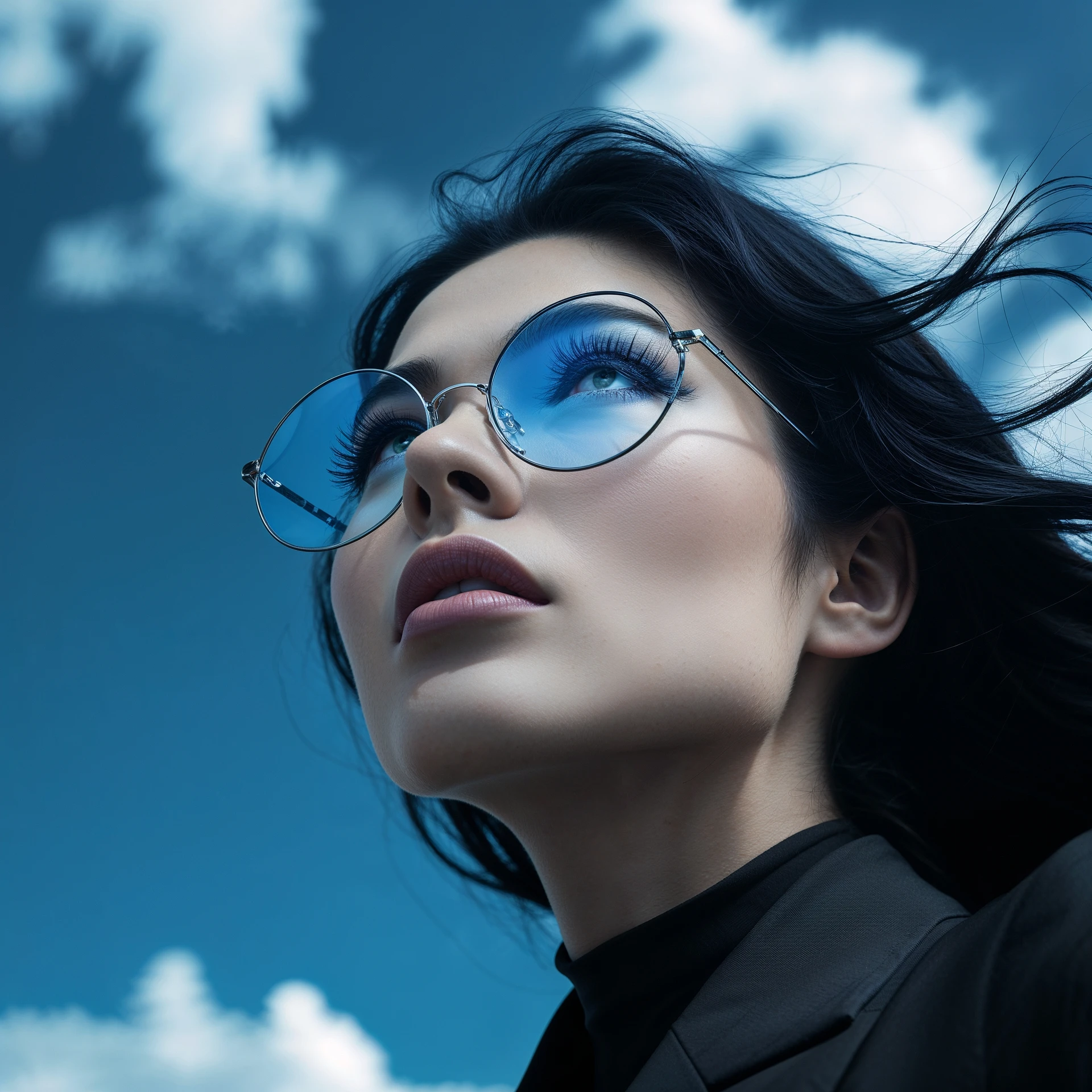extreme closeup Photo of a beautifull woman with dark hairs and dark uotfit looking up (like villain), orange background, minimalistic, glasses with contrast reflection of blue sky and white clouds  emoji