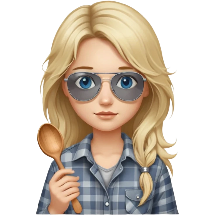 girl with long blond messy hair wearing grey plaid shirt with blue eyes and aviator sunglasses wearing a ring on her silver necklace, holding wooden spoon emoji