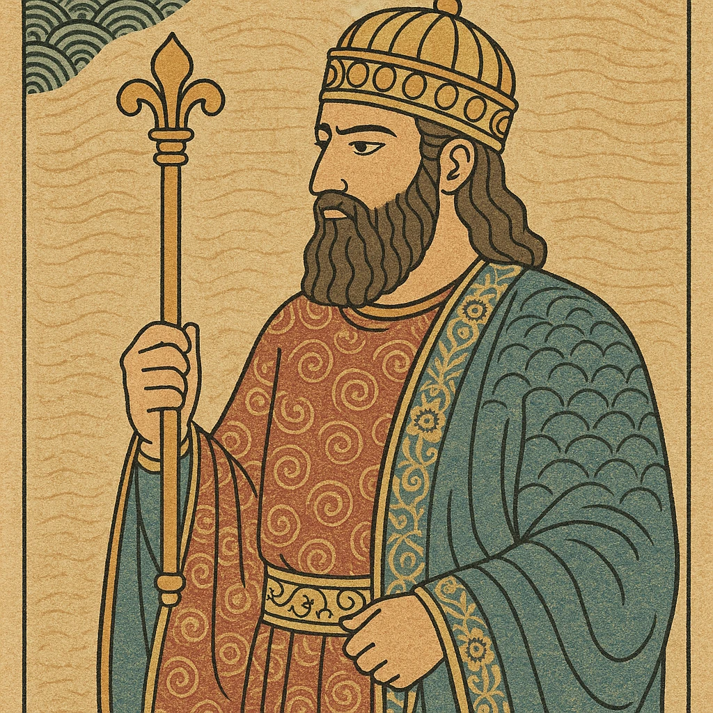 Cyrus the Great, holding a scepter, royal robes, ancient Persian, Persian miniature style emoji