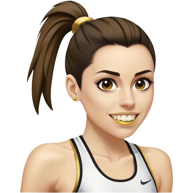 Melanie chisholm with a high ponytail wearing athletic attire and a gold tooth emoji