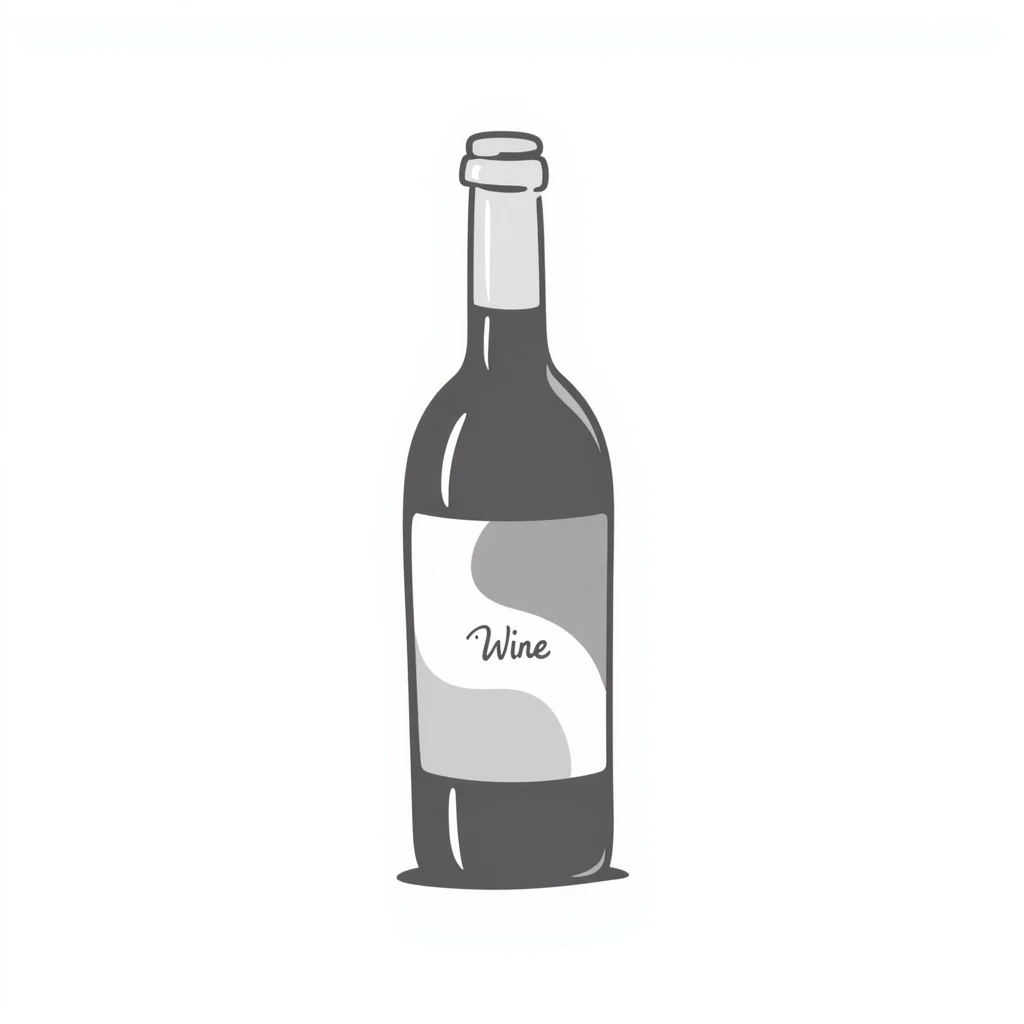 A wine bottle with label in pastel colors (dd9fb0, ffc6d3, a3bfc9, c4bee2, f1b091), hand-drawn doodle style emoji