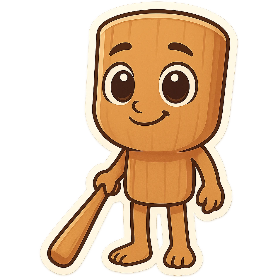 Chibi emoji of Tun Tun Suhoor, wooden stick body, smooth brown texture, big cartoon eyes on the stick, small smile, human arms and legs, holding a wooden bat, absurd and funny meme style, no text emoji