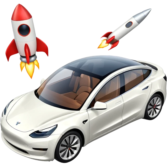 Tesla model 3 white. Two small rockets mounted flat on roof for extra propulsion emoji