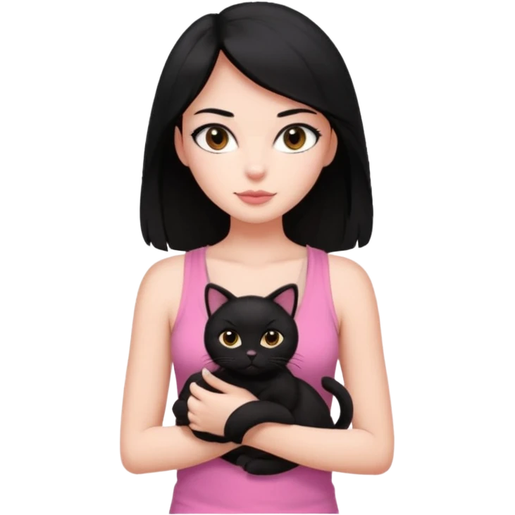 pretty woman with black hair and brown eyes, wearing a pink tank top, holding a black cat emoji