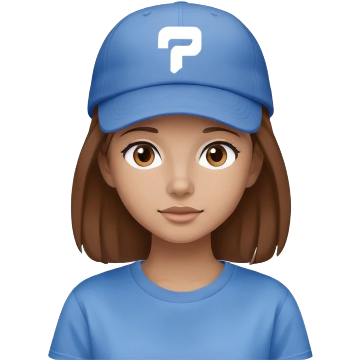 fille les cheveux chatain attachés avec une casquette bleu et un logo blanc dessus, elle porte un t-shirt gris large emoji