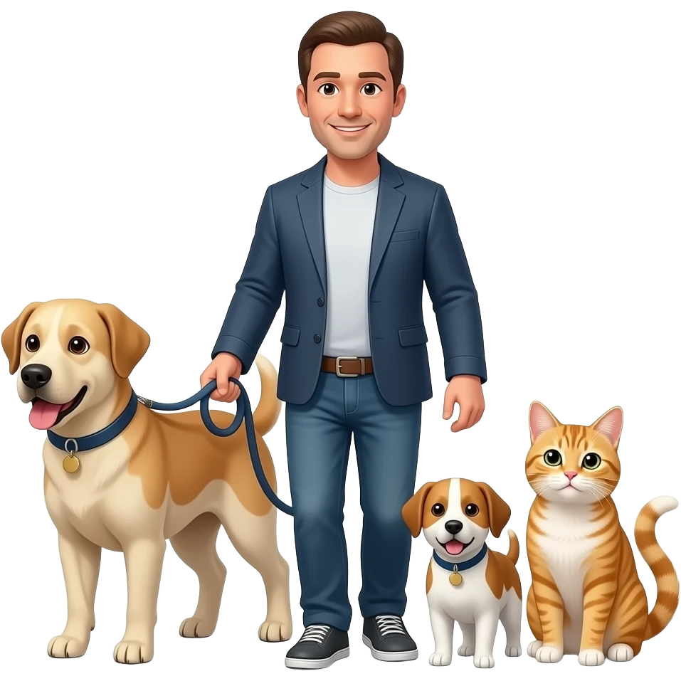 A man walking with a big and small dogs and a cat emoji