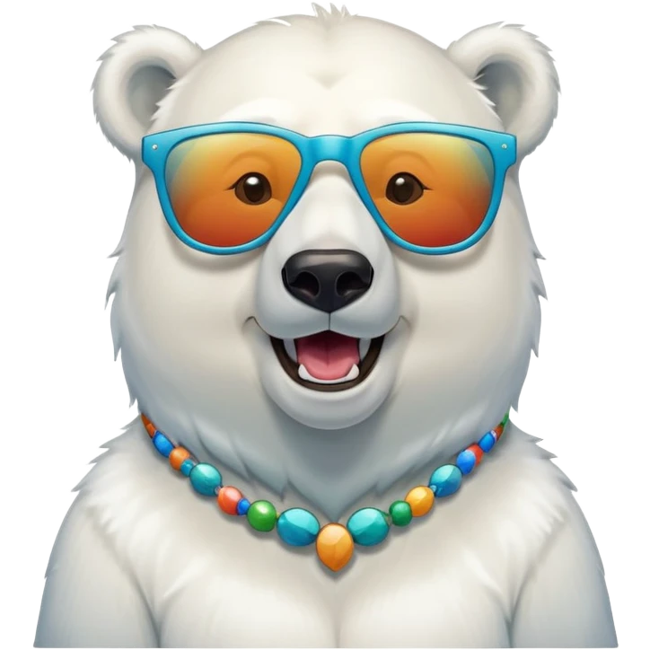 laughing polar bear headshot wearing a t-shirt and large multicolored extravagant glasses emoji