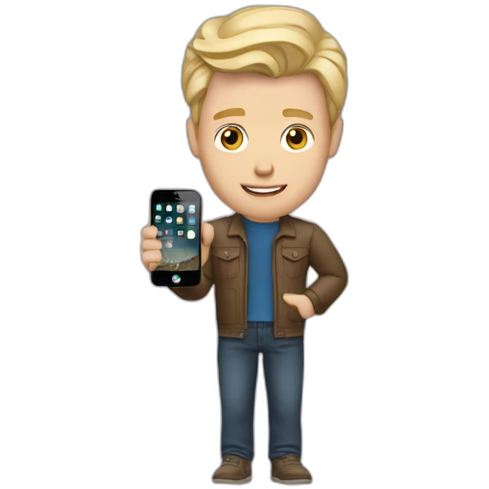 widows peak hair Blonde man holding iPhone in hand emoji