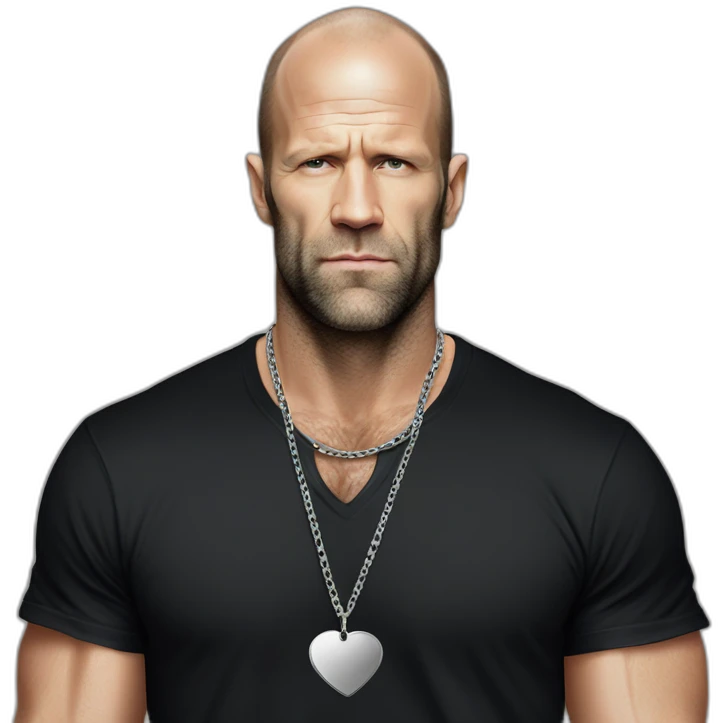 Jason Statham wearing men silver chain on a black tshirt,styled,cool emoji