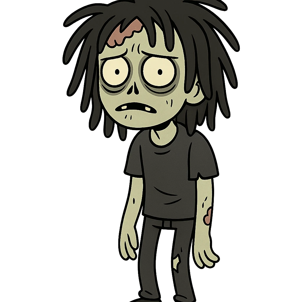 cartoon zombie boy with messy black freeform dreads, emo style, medium length, eerie and unsettling look emoji