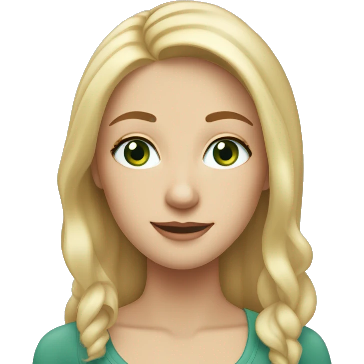 A tall slim blonde haired woman with a central parting with bluey green eyes, a freckle on the right cheek and quite a round face emoji