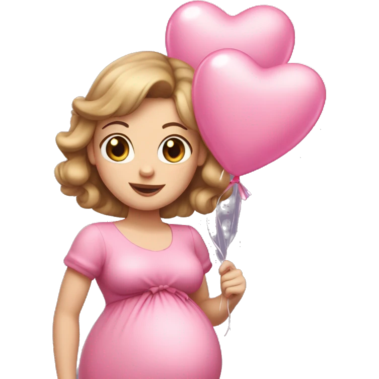 White pregnant lady, with Light Brown hair and blue eyes. She is wearing a tight pink dress and a bow,  standing and holding two pink heart balloons. emoji