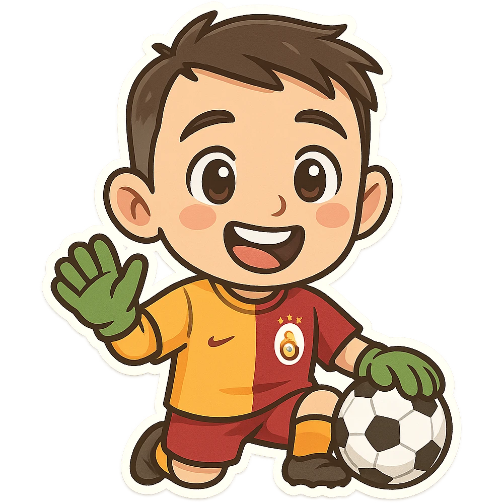 caricature, cute and humorous portrait of Muslera, famous Galatasaray goalkeeper, in yellow-red colors, football themed, with a fun facial expression emoji