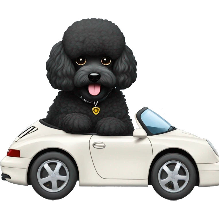 Black poodle with white beard sitting in a porsche 992 with color kreide  emoji