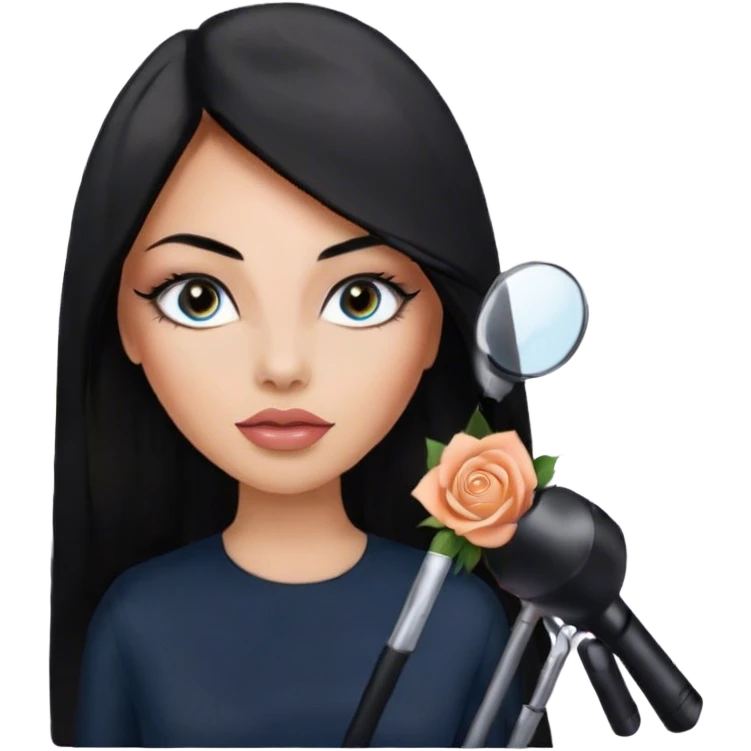 Glamours, tanned, very beautiful girl, with big pump peach-beige-rose lips, eyeliner, long lashes, black straight smooth silky long hair, straight parting hair, blue-grey eyes in black clothes emoji