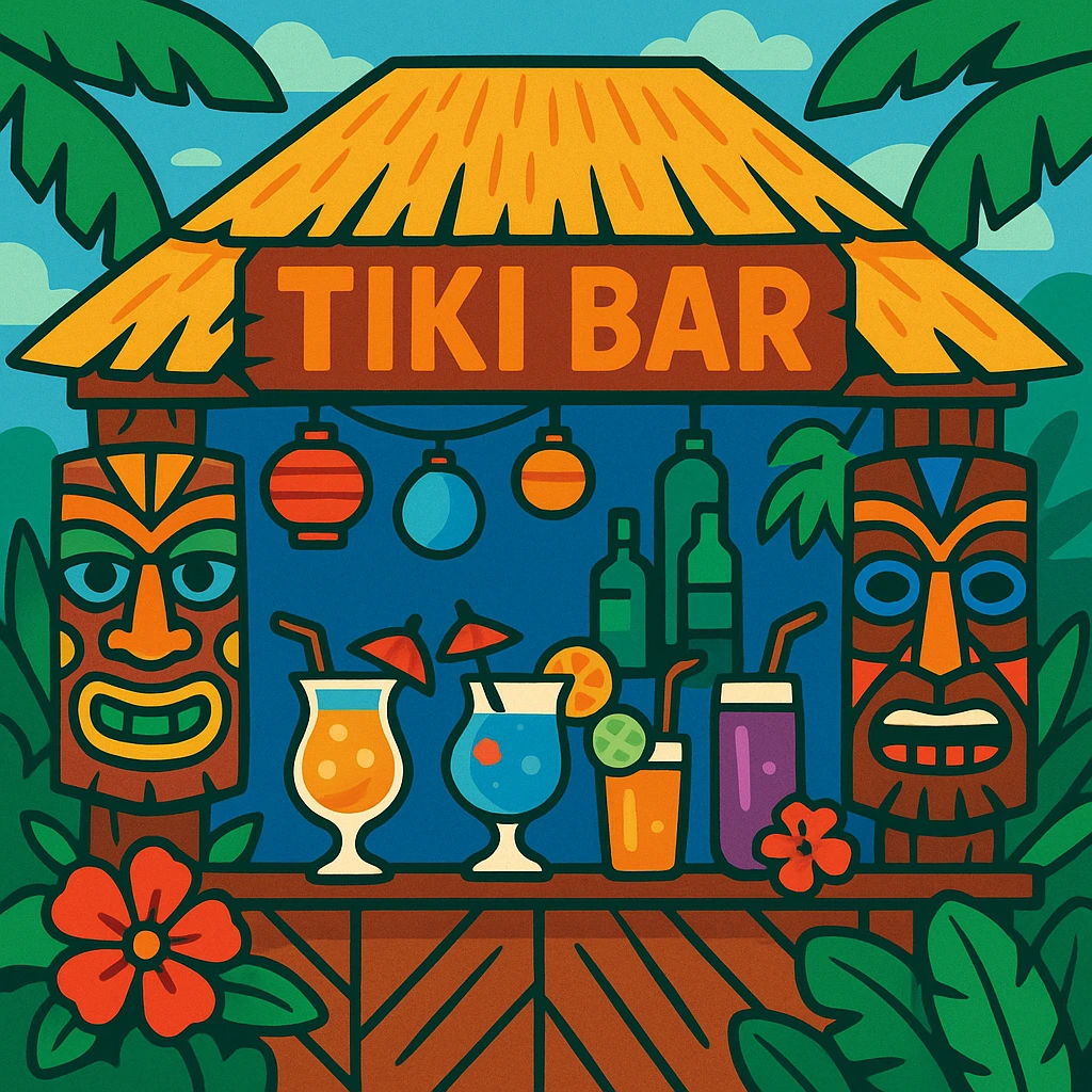 a tiki bar with Hawaiian motifs, wooden masks, and colorful drinks emoji