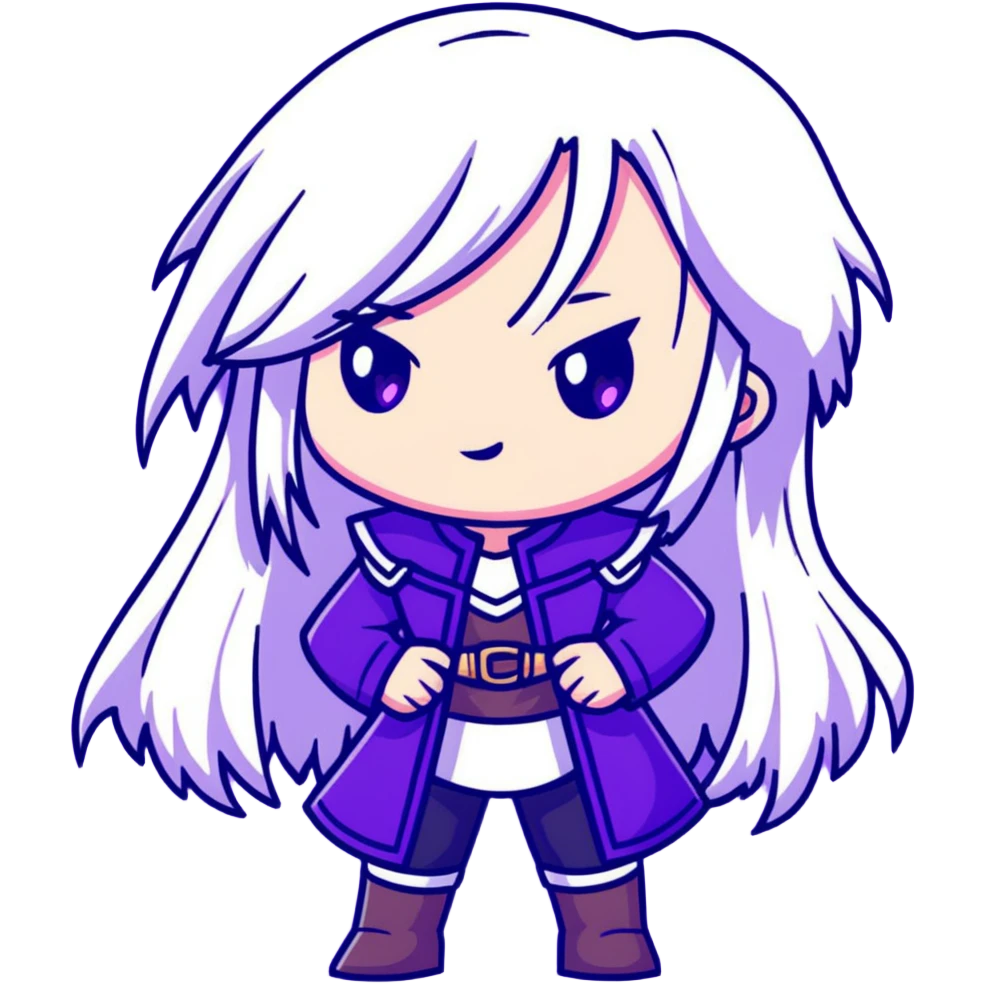 Chibi Sable Ward from Dead by Daylight with long white hair with purple streaks and fully purple eyes, detailed and expressive, cute exaggerated style with large expressive eyes and clear emotion emoji