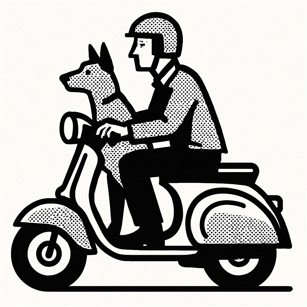 man and his pet dog riding a vespa emoji