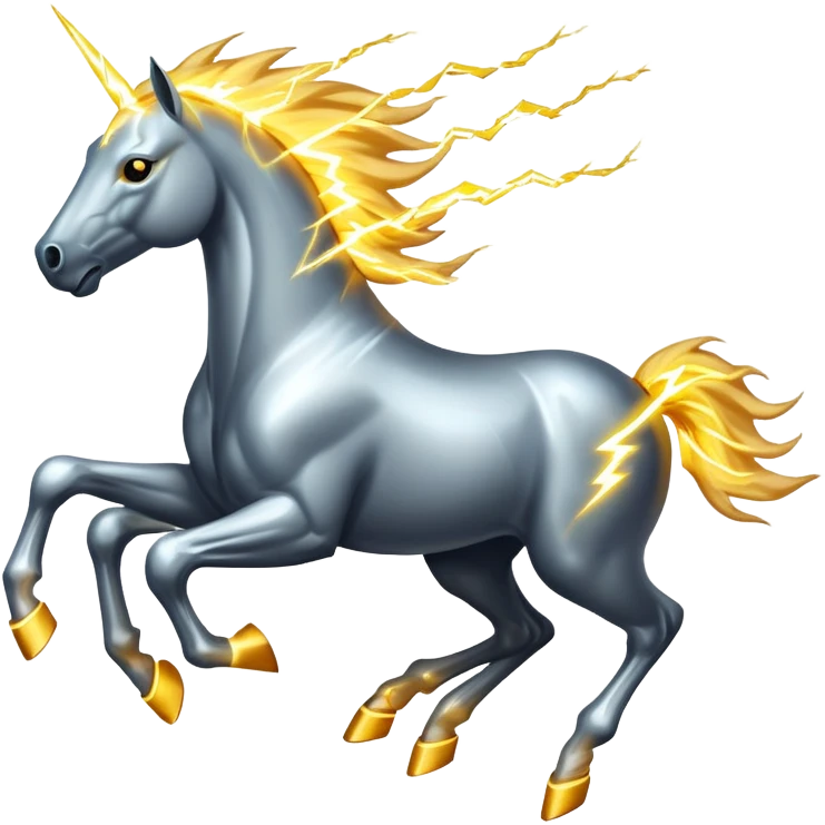 Fast electric horse galloping with electricity flowing through metal plates, sparking wires, and lightning bolts coming off its body emoji